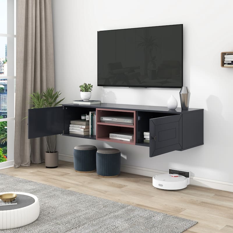 Wall Mounted 60" Floating TV Stand, Large Storage Space, Adjustable Shelves, Cable Management